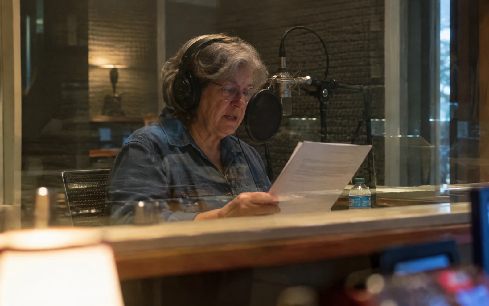A volunteer narrator in a recording booth reads from a printed script into a studio microphone, seen through the control-room glass.