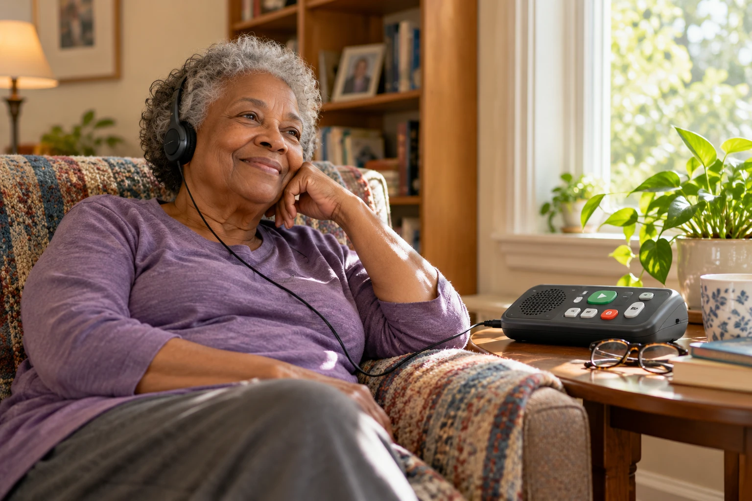 An older woman relaxes in an armchair at home, smiling, wearing headphones connected to a talking-book player on the side table.