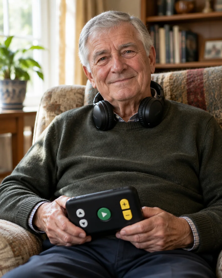 An older man smiles at the camera from a living-room armchair, headphones around his neck, holding a digital talking-book player in both hands.