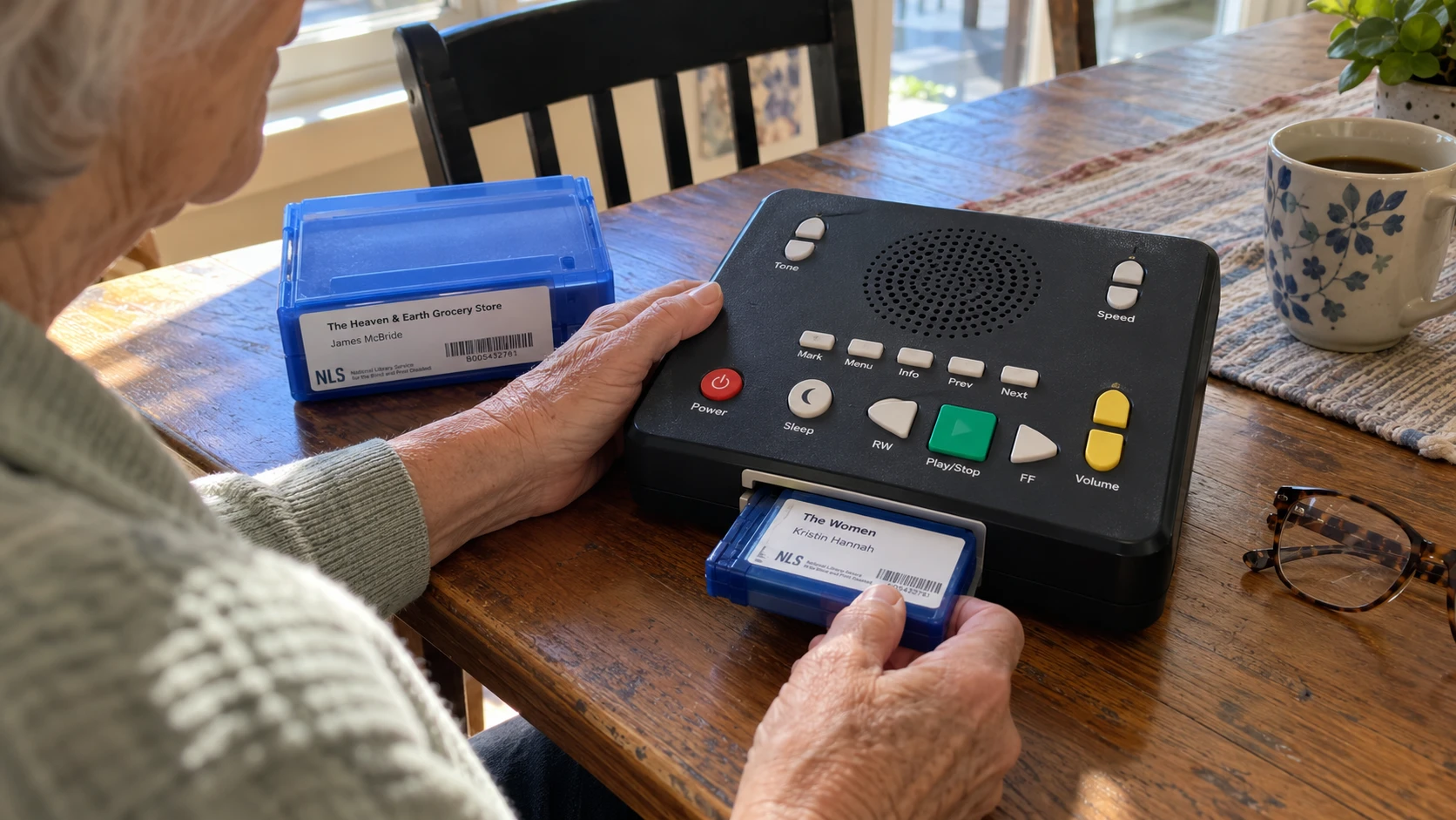 An older reader at a kitchen table slides a blue NLS book cartridge into a digital talking-book player with large labeled buttons; a second cartridge and a coffee cup sit nearby.
