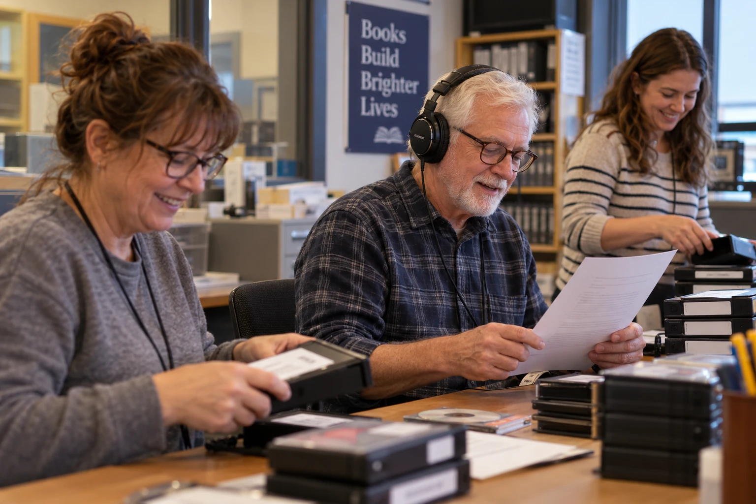 Three library volunteers at a worktable sort talking-book cartridges and players; one wears headphones and reads a checklist, under a poster that says Books Build Brighter Lives.